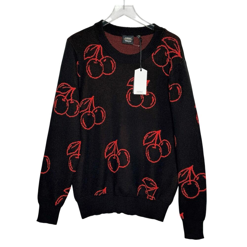 WeSC Leon Cherries Outline Unisex Knitted Sweater Mens M Ladies L NEW Black Red
